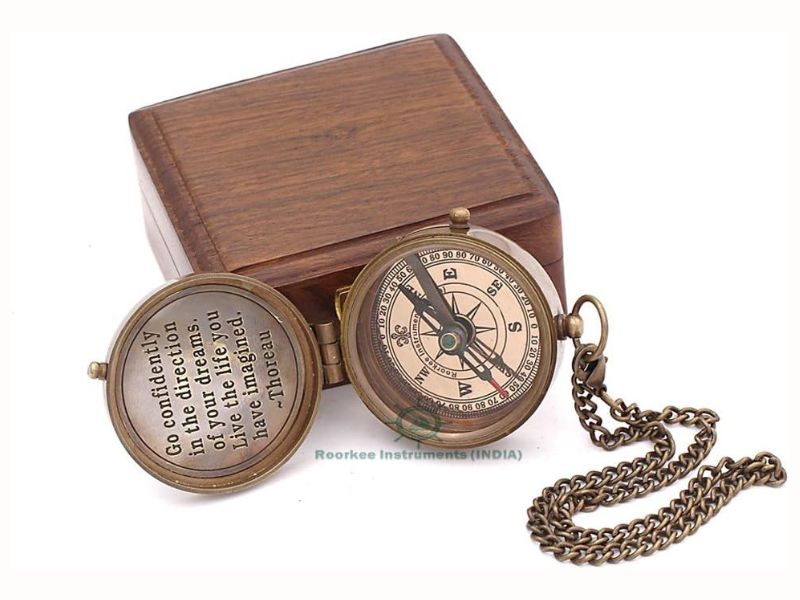 Solid Brass Compass with Thoreau Quote – Antique Nautical Directional Compass in Polished Rosewood Case – Vintage Magnetic Pocket Compass for Outdoor, Hiking, Graduation & Adventure Gifts