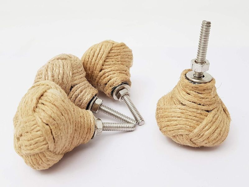 Handmade Jute Rope Knot Drawer Knobs (Set of 4) – 35mm Nautical Cabinet Pull Handles for Wardrobe, Dresser, Kitchen Cupboard – Rustic Coastal Vintage Décor Hardware