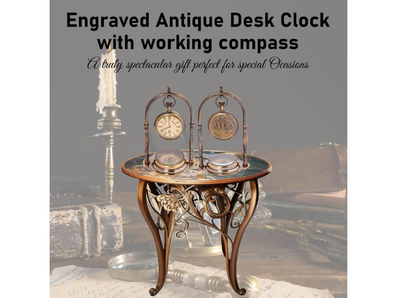 Vintage Brass Table Clock | Non-Ticking Silent Desk Clock, Battery Operated Small Antique-Style Timepiece | Nautical Vintage Decor for Bedroom, Living Room, Bedside & Office Shelf Display