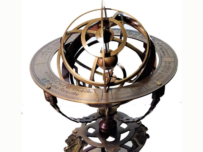 Antique Brass 18-Inch Armillary Sphere Globe Astrolabe | Zodiac Engraved Celestial Globe with Compass & Tiger Pillars | Vintage Brass Armillary Globe with Wooden Base | Nautical Home Office Decor