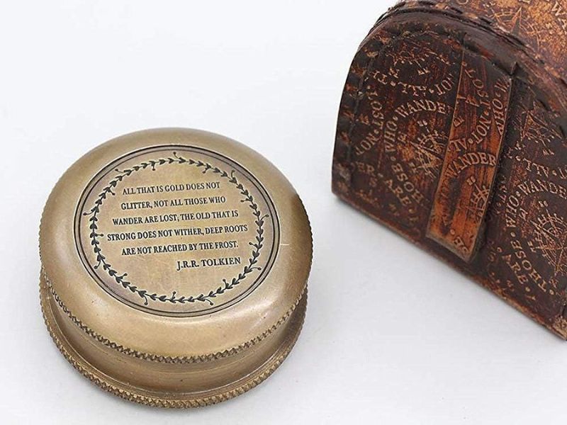 Solid Brass Compass with Leather Case – Engraved Tolkien Quote “Not All Those Who Wander Are Lost” – Vintage Adventure Compass Gift for Travelers, Readers, Graduates & Retirement