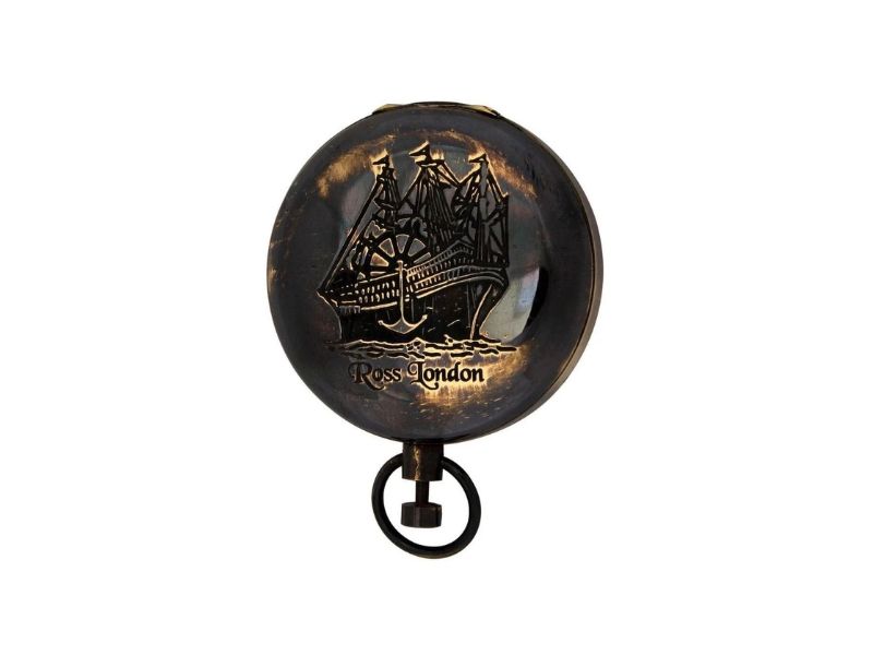 Antique Brass Pocket Compass with Ship Engraving – Ross London Vintage Nautical Compass, Collectible Maritime Navigation Gift for Sailors, Travelers, and Explorers