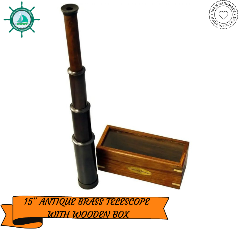 Captains&#039; Antiqued Brass Telescope Blackened Finish, 15 inch Fully Extended Brass Telescope with Wooden Box