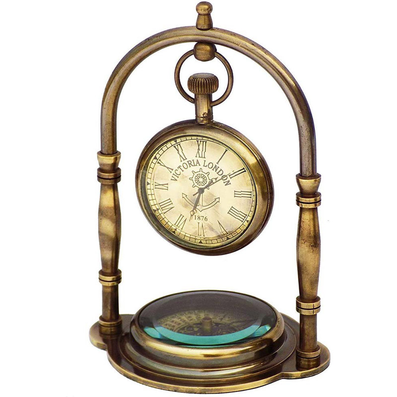 Desk Clock Table Clock with Maritime Vintage Brass Compass Antique Victoria London Nautical Brass Antique Table Clock