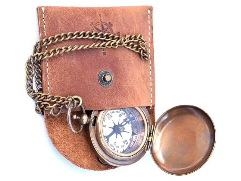 Handmade Nautical Brass Push Button Compass with Chain & Leather Case – Vintage Pocket Compass for Men Women, Maritime Navigation Compass Gift for Traveler, Hiker, Sailor, Anniversary Gift