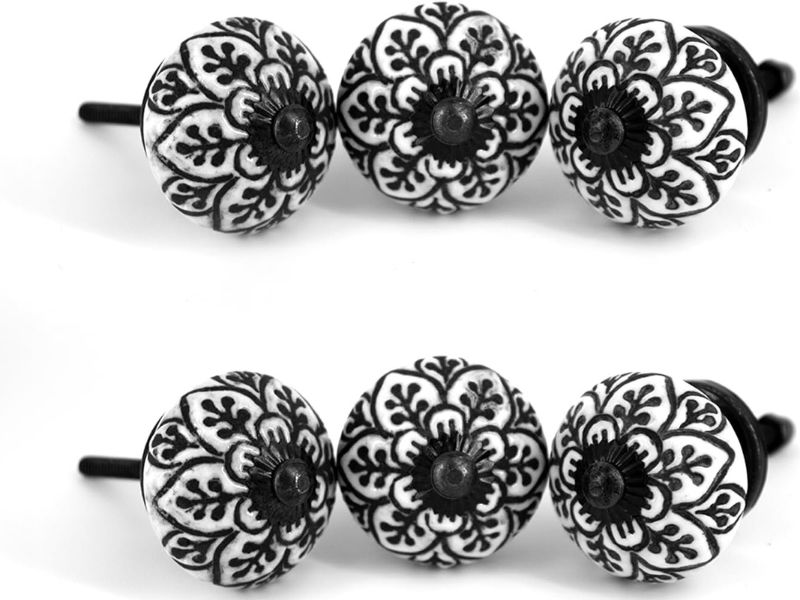 Handmade Spade Black & White Ceramic Knobs Set of 6 – Vintage Decorative Drawer Pulls for Kitchen Cabinets, Dressers & Cupboards | Modern Boho Furniture Handles & Wardrobe Door Knobs