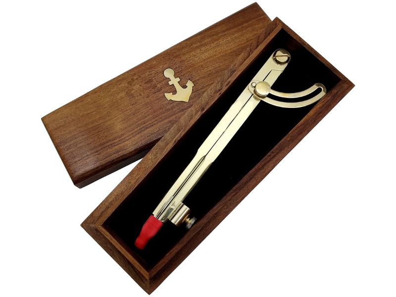 8” Brass Pencil Marking Compass with Wooden Box | Wing Divider Scriber for Wood & Metal | Precision Circle Drawing & Map Plotting Tool | Leather Scratch Compass for Drafting & Geometry Work
