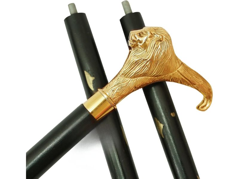 Vintage Lion Head Brass Handle Walking Stick for Men and Women – 3 Fold Wooden Cane – Antique Gold Finish – Collectible Decorative Walking Cane – Gift for Gentlemen, Seniors & Collectors