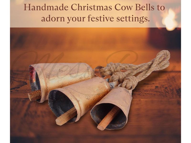 Handmade Set of 3 Vintage Brass Cone Cow Bells with Rope – Rustic Wind Chime & Door Chime, Nautical Theme Home Décor Bell for Garden, Patio, Wedding, Festival & Outdoor Decoration