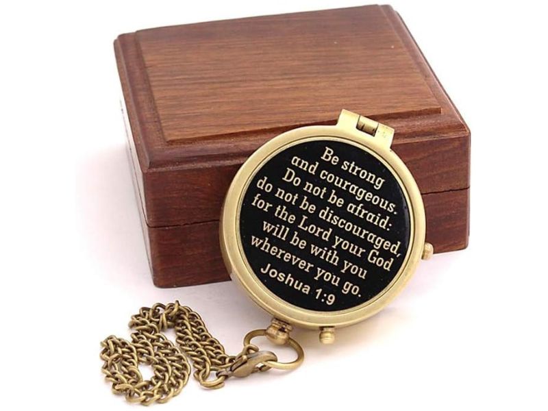 Be Strong and Courageous, Joshua 1:9 – Solid Brass Directional Engraved Compass with Leather Case | Christian Catholic Gift for Boys, Girls, Men | Baptism, First Communion & Confirmation Present