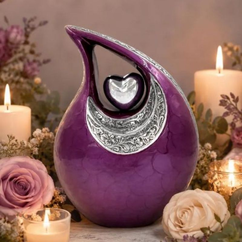 Plum Purple Heart Cremation Urn: Engraved Teardrop Memorial Keepsake Ashes Urn