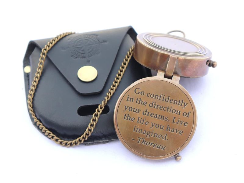 Solid Brass Compass Engraved with Thoreau’s “Go Confidently” Quote | Working Directional Camping Compass with Stamped Leather Case | Adventure, Graduation, Christmas & Anniversary Gift for Him