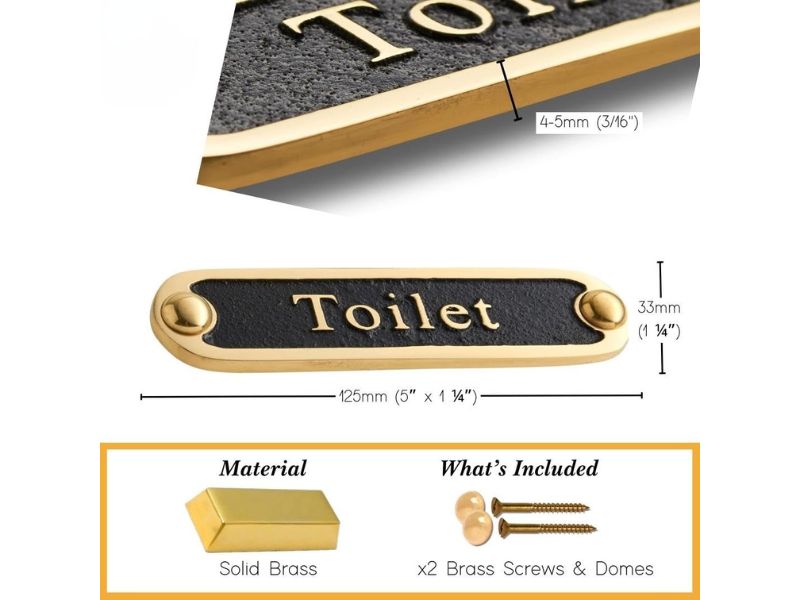 Toilet Brass Bathroom Door Sign – Traditional Style Solid Brass Plaque | Handmade Vintage Home Décor Wall Sign | Polished Gold & Black Finish | Classic Toilet Door Plate with Mounting Screws