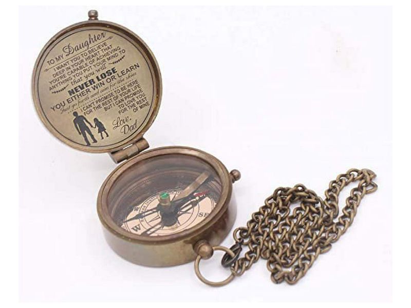 To My Daughter Compass from Dad with Leather Case – Solid Brass Engraved Compass “Never Lose, You Either Win or Learn” – Inspirational Quote Gift for Graduation, Birthday, Christmas, Keepsake from Father