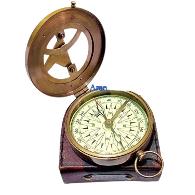 Nautical Vintage Brass Magnetic Compass with Handmade Leather Case