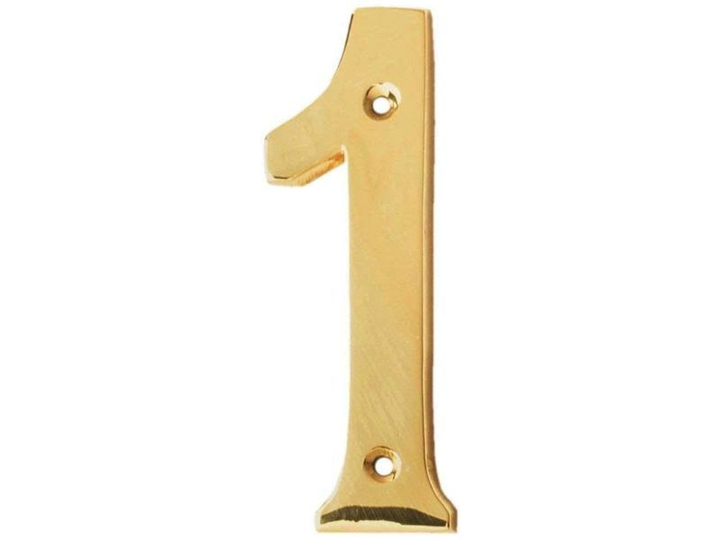 4" Solid Brass House Hotel Door Number Plaque – Numerical Digit (1 One) | Vintage Polished Gold Finish | Easy Wall Mount Sign