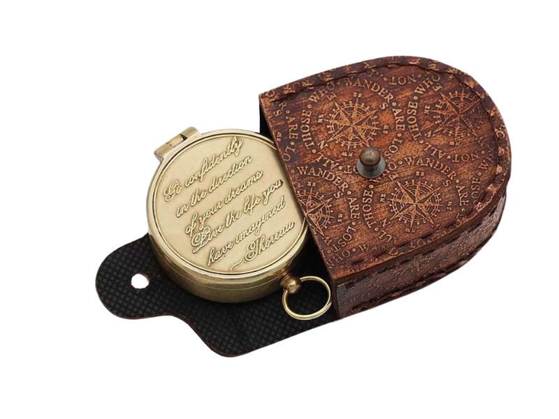 Engraved Brass Compass with Leather Case – “Go Confidently in the Direction of Your Dreams” Thoreau Quote – Vintage Nautical Compass Gift for Graduation, Travel, or Retirement