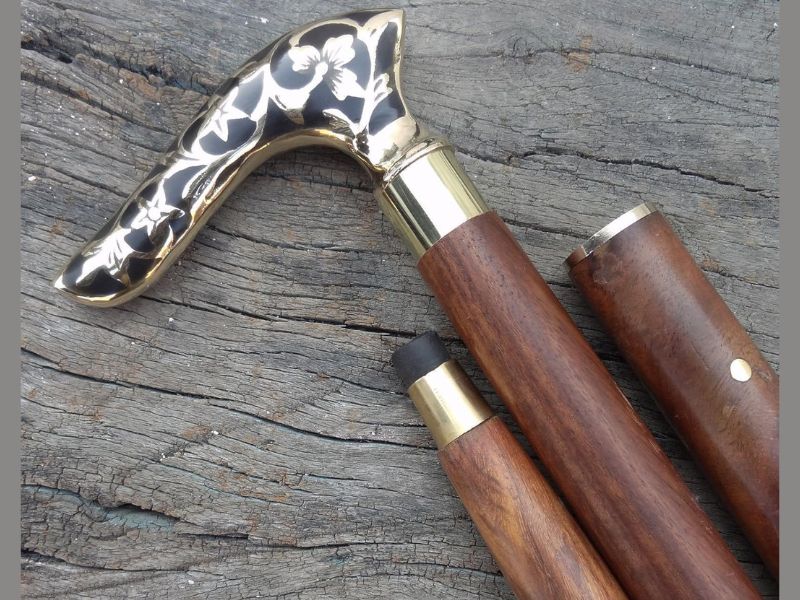 Floral Brass Handle Walking Cane – Handmade Foldable Wooden Walking Stick for Men & Women – Vintage Floral Design Brass Cane with Hardwood Shaft & Rubber Tip – Collectible Gift for Gentlemen