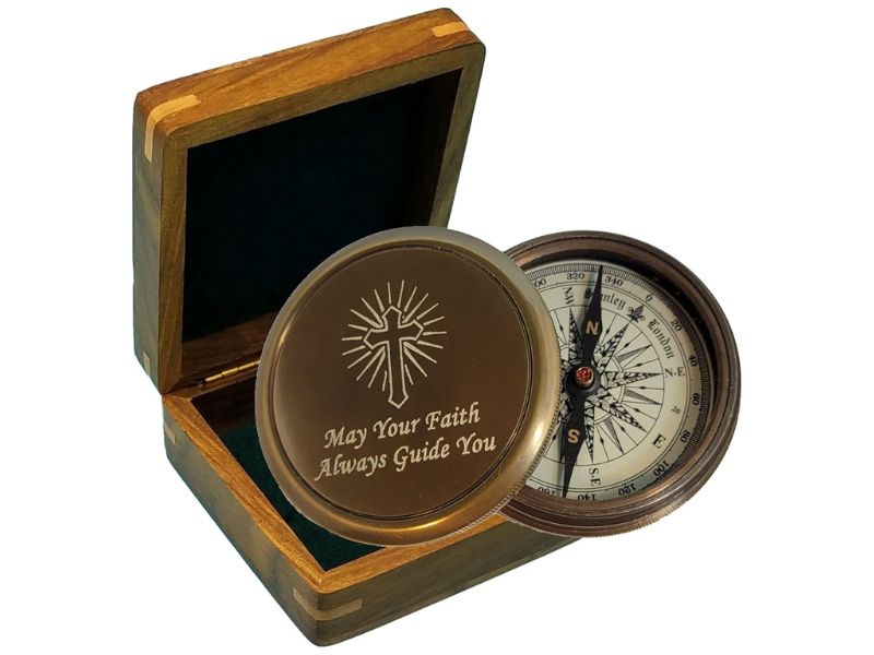 Personalized Religious Antique Brass Desk Compass in Wood Box with Laser Engraved Cross for Baptism, Confirmation, Missionary, Birthday Gifts