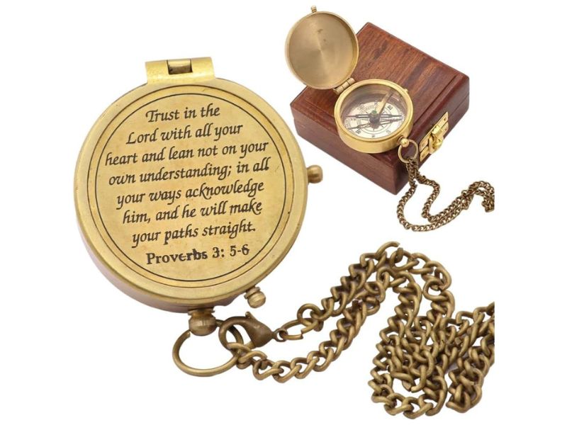 Trust in The Lord, Proverbs 3:5-6, Solid Brass Engraved Directional Compass with Leather Case | Baptism Gifts for Boys Girls, First Communion, Confirmation, Christian Gifts for Men, Catholic Gifts