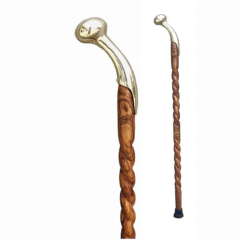 Walking Stick - Twisted Spiral Wooden Stick 37 inches Long Handle Handcrafted Cane for Men and Women Derby Gentlemen Gift. (Polish Brass )