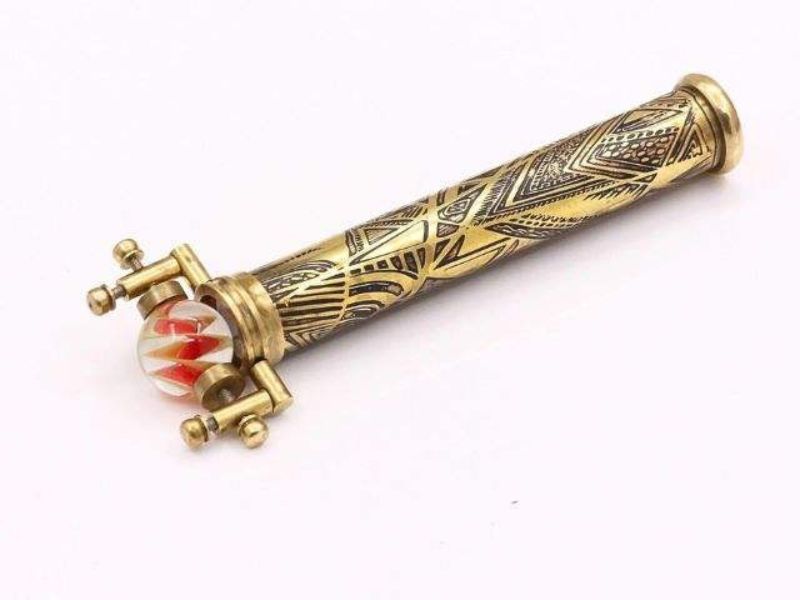 New Vintage Brass Kaleidoscope Toy with Interchangeable Marble Scope Solid Brass Barrel & Wooden Display Etched Brass Design