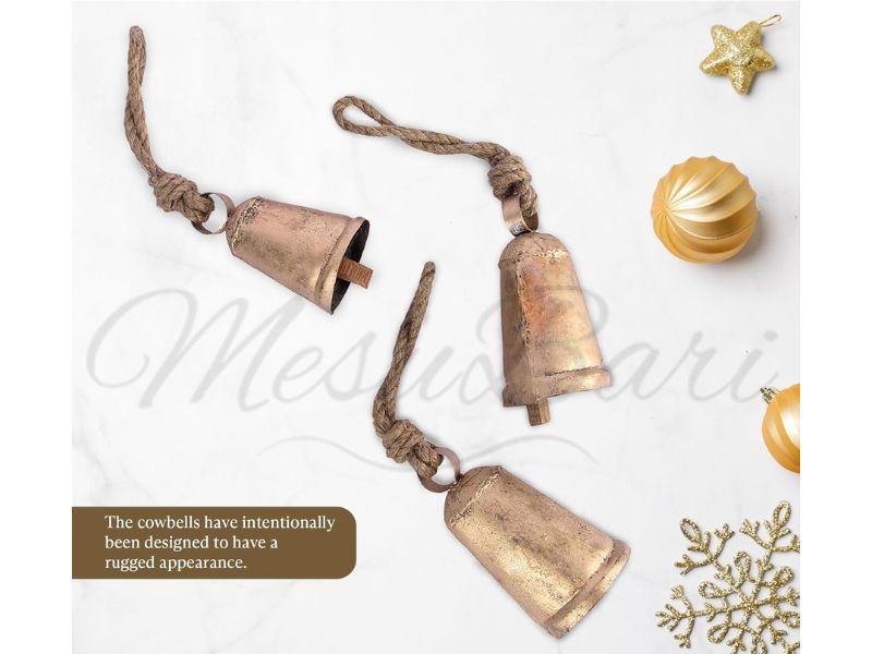 Handmade Set of 3 Vintage Brass Cone Cow Bells with Rope – Rustic Wind Chime & Door Chime, Nautical Theme Home Décor Bell for Garden, Patio, Wedding, Festival & Outdoor Decoration
