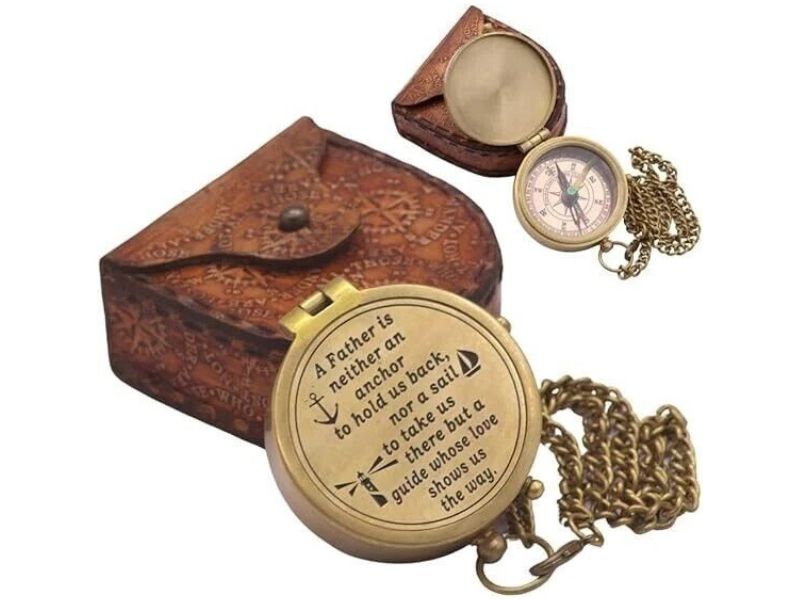 Engraved Brass Compass with Quote – “A Father is Neither an Anchor…” – Handmade Vintage Compass with Chain & Leather Case – Perfect Gift for Dad, Father’s Day, Birthday, or Retirement