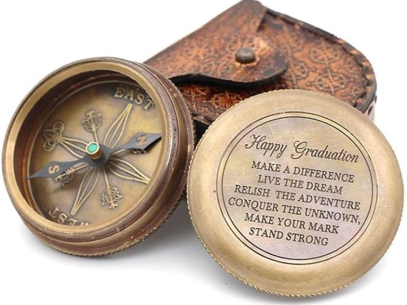 Happy Graduation Brass Compass with Leather Case – Inspirational Engraved Compass Gift for Graduates, Adventure & Travel Keepsake, Motivational Quote, Handmade Vintage Navigation Compass