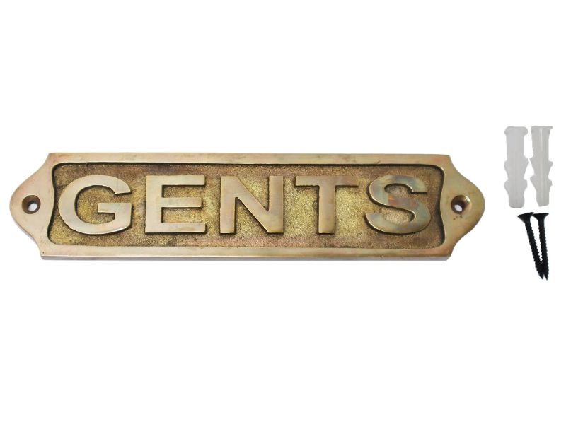 Antique Brass “GENTS” Door Sign Plaque – Vintage Style Restroom Wall Plate for Men’s Toilet | Solid Cast Brass with Mounting Screws | Classic Handmade Bathroom Decor