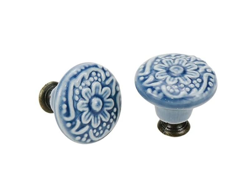 Set of 4 Blue Ceramic Cabinet Knobs – Vintage Round Drawer Pulls with Screws, Handmade Decorative Handles for Kitchen Cabinets, Cupboards, Dressers & Closets – Boho Home Décor