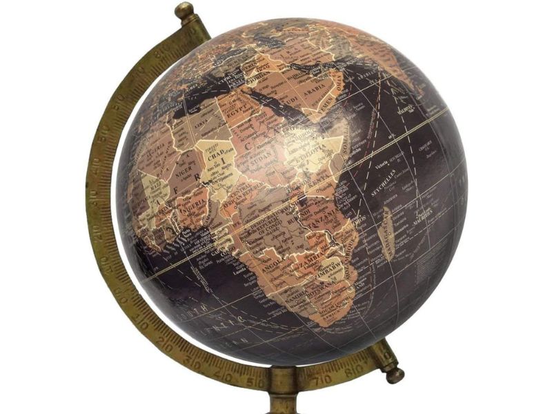 Vintage Decorative World Globe with Wooden Base & Brass Arc Stand – 8 Inch Rotating Antique-Style Desk Globe for Home, Office & Study Decor