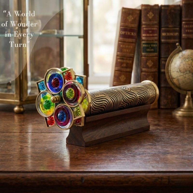 Brass Swirl Tunnelscope Kaleidoscope with Protective Lacquer Coating, Rotating Colourful Resin Wheel and Solid Wooden Display Stand, Vintage Decorative Optical Gift