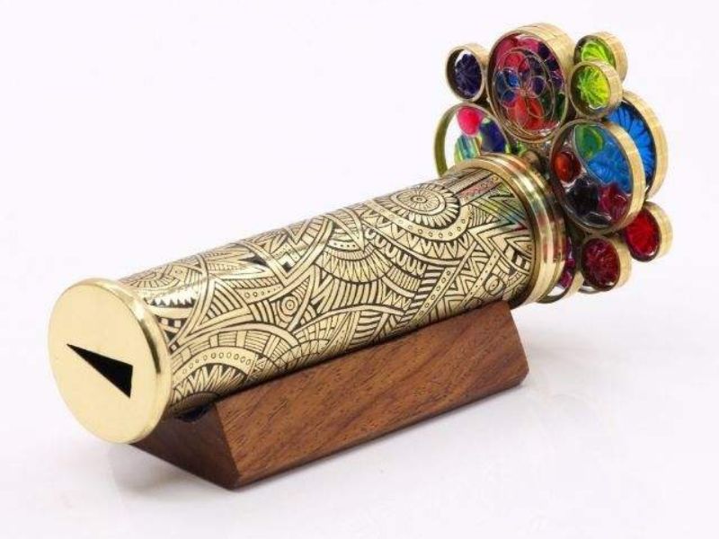 Handcrafted Brass Kaleidoscope for Adults & Kids with Floral Etched Tube, Dual Turning Wheels, Wooden Stand Decorative Gift