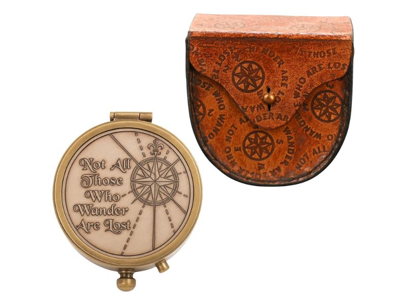 Marine Brass Compass with Leather Case – 2 Inch Engraved Quote “Not All Those Who Wander Are Lost” | Antique Copper Finish Nautical Pocket Compass for Travel, Camping, Graduation & Home Décor Gift