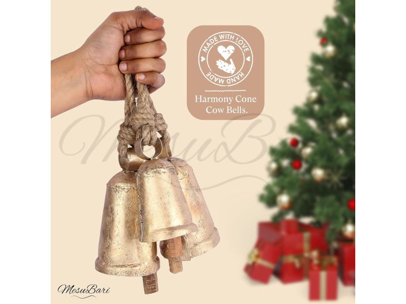 Handmade Set of 3 Vintage Brass Cone Cow Bells with Rope – Rustic Wind Chime & Door Chime, Nautical Theme Home Décor Bell for Garden, Patio, Wedding, Festival & Outdoor Decoration
