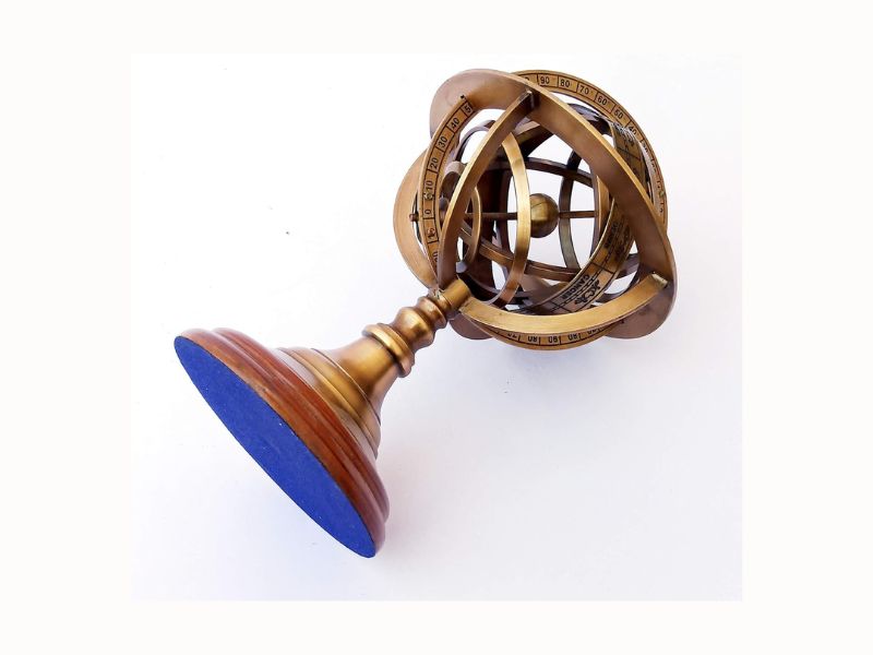 Antique Style Brass Armillary Sphere Astrolabe Globe on Wooden Base | Nautical Marine Celestial Globe (Brown, Medium) | Vintage Home Office Study Decoration & Gift Collectible