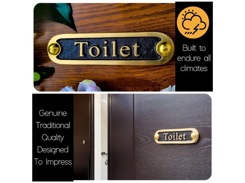 Toilet Brass Bathroom Door Sign – Traditional Style Solid Brass Plaque | Handmade Vintage Home Décor Wall Sign | Polished Gold & Black Finish | Classic Toilet Door Plate with Mounting Screws