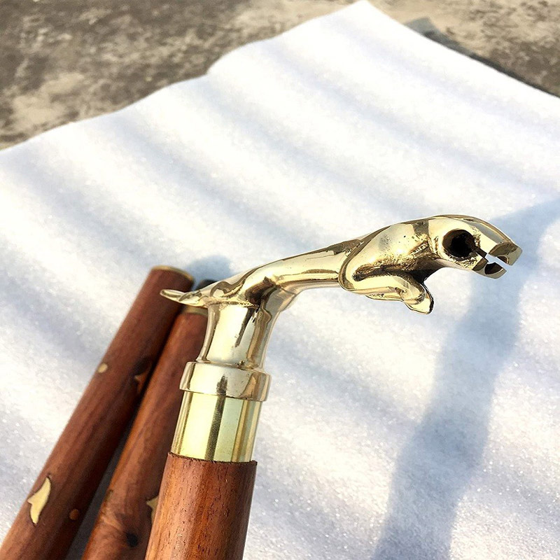 Nautical Brass Unisex Jaguar Head Brass Cane Handle 3 Fold Walking Stick Wooden Handmade Rosewood Victorian Stylish Stick Vintage Solid Brass Classic Soft Handle Gift