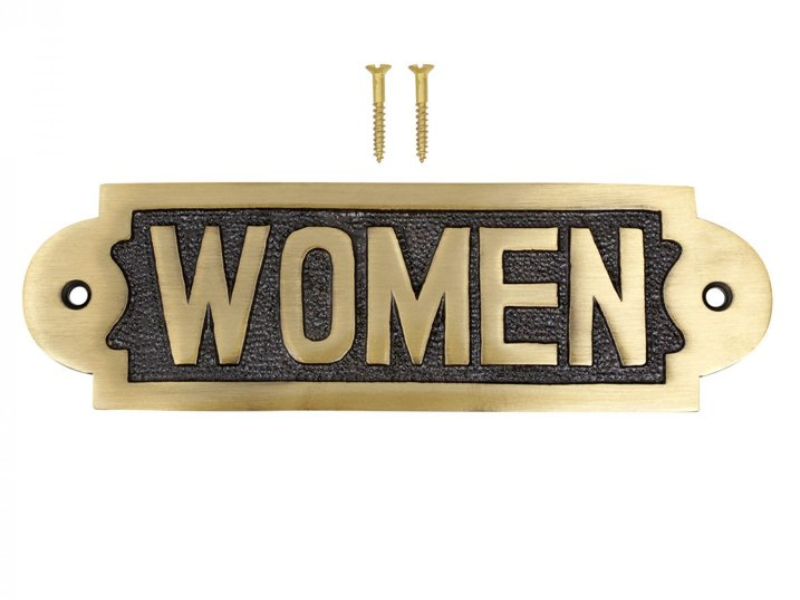 Vintage Brass “WOMEN” Restroom Door Sign | Solid Cast Brass Plaque with Black Background | Antique Finish Bathroom Door Plate with Screws | Handmade Wall Mount Sign for Home, Café & Office