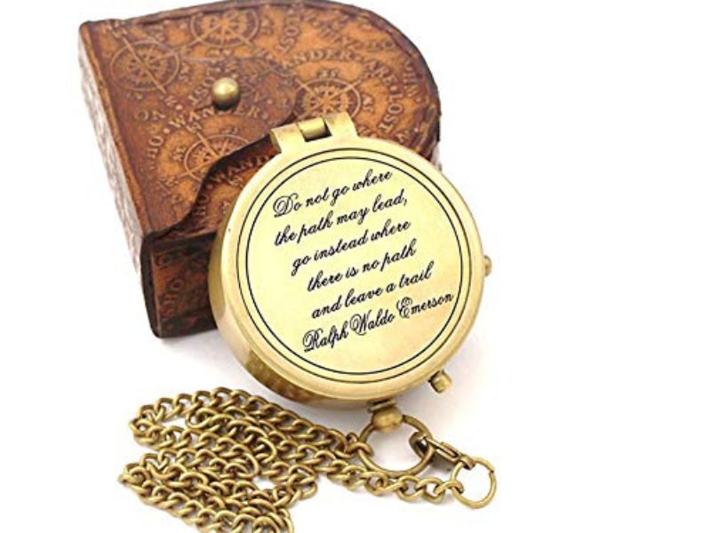 Handcrafted Brass Compass with Leather Case – Engraved Ralph Waldo Emerson Quote “Do Not Go Where the Path May Lead” – Inspirational Graduation, Retirement, and Adventure Gift for Him, Dad, Son