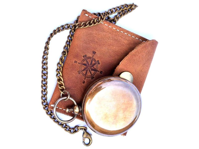 Handmade Nautical Brass Push Button Compass with Chain & Leather Case – Vintage Pocket Compass for Men Women, Maritime Navigation Compass Gift for Traveler, Hiker, Sailor, Anniversary Gift