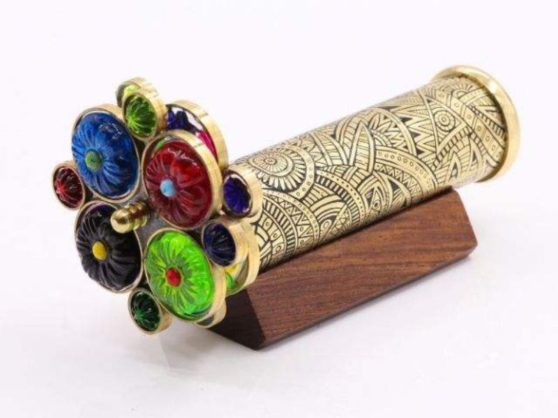 Handcrafted Brass Kaleidoscope for Adults & Kids with Floral Etched Tube, Dual Turning Wheels, Wooden Stand Decorative Gift