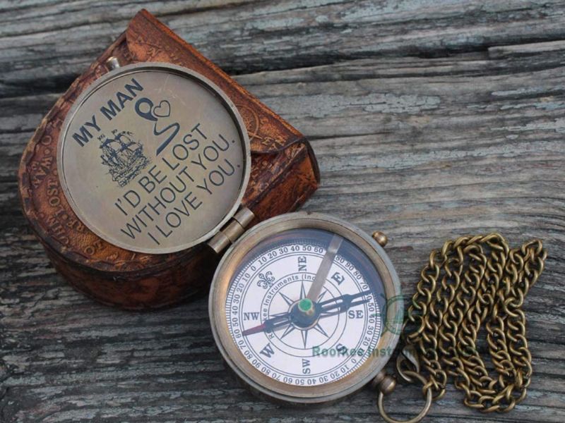 Engraved Brass Compass for My Man – “I’d Be Lost Without You, I Love You” Quote – Vintage Nautical Compass with Leather Case – Romantic Gift for Boyfriend, Husband, Fiancé, Valentine’s Day, Anniversary