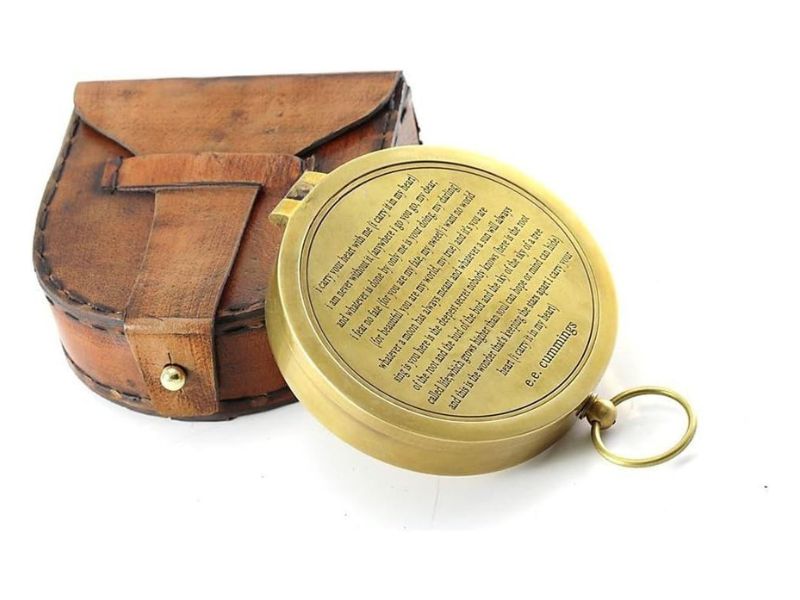 Vintage Brass Pocket Compass with Handmade Leather Case – E.E. Cubes Push Button Directional Magnetic Compass for Navigation, Camping, Hiking, Outdoor Adventure, Survival & Gift Use