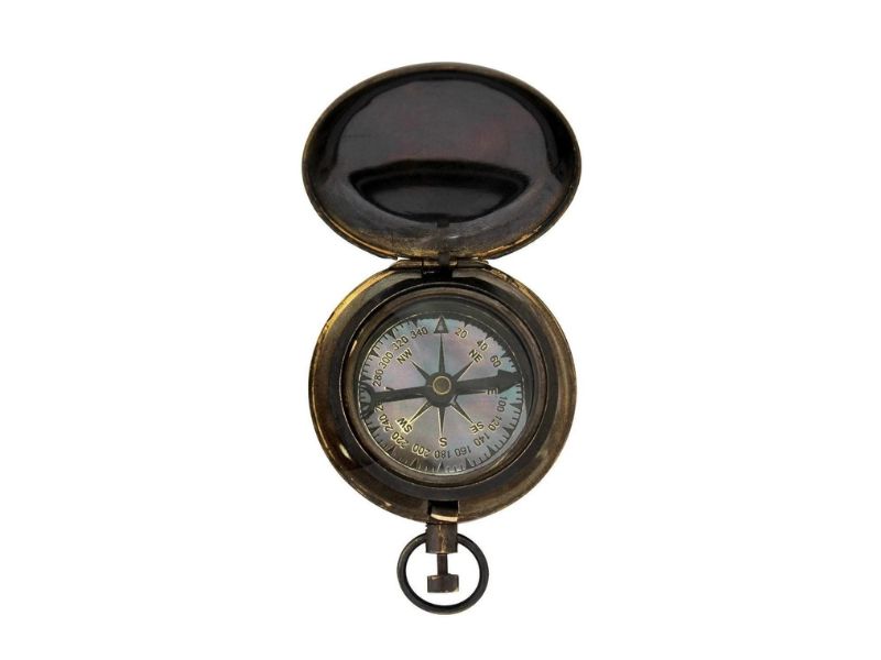 Antique Brass Pocket Compass with Ship Engraving – Ross London Vintage Nautical Compass, Collectible Maritime Navigation Gift for Sailors, Travelers, and Explorers