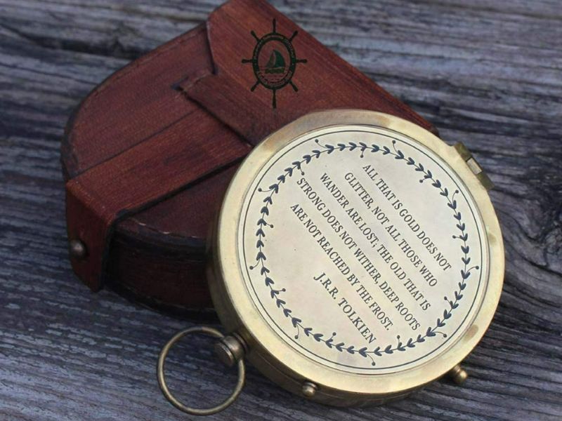 Vintage Brass Compass Engraved with J.R.R. Tolkien Quote | “Not All Those Who Wander Are Lost” | Handmade Nautical Compass with Leather Case | Inspirational Gift for Men, Him, Traveler, Son