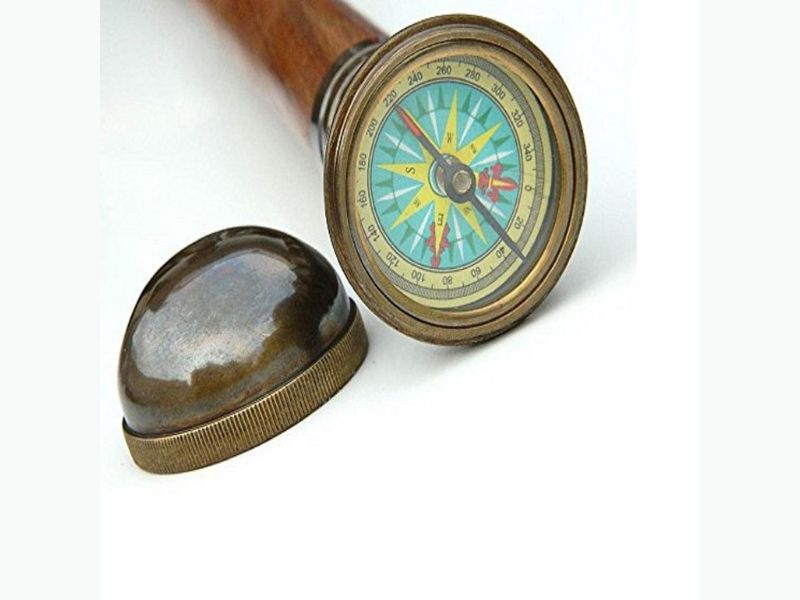 Vintage Brass Compass Walking Cane – Handmade Wooden Stick with Working Compass Handle – Antique Nautical Style Collectible Walking Stick for Men & Women – Decorative Gift for Explorer & Traveler