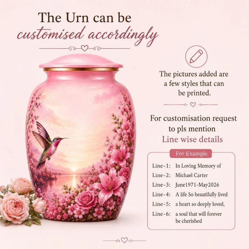 Pink Hummingbird Memorial Cremation Urn with Keepsake – Personalized Adult Urn for Ashes