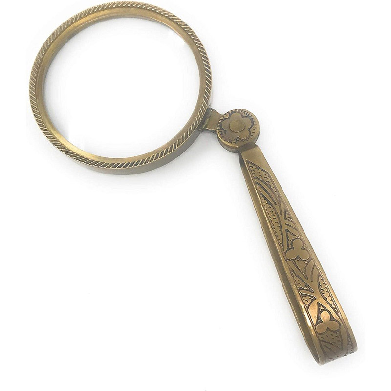 Antiqued Brass Magnifying Glass with Folding Handle, 2 Inches Wide X 5.25 Inches Long